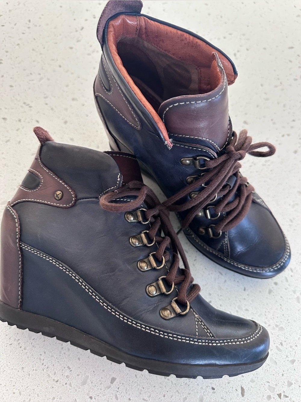 Pikolinos Amsterdam leather hidden wedge ankle boots navy/brown Sz 37 GUC Spain